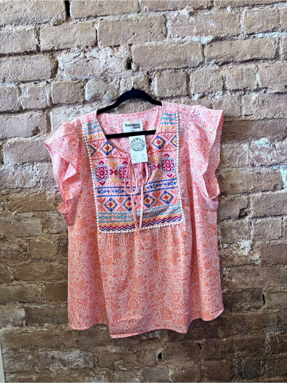 Savanna Jane Coral Embroidered Flutter Yoke Tunic